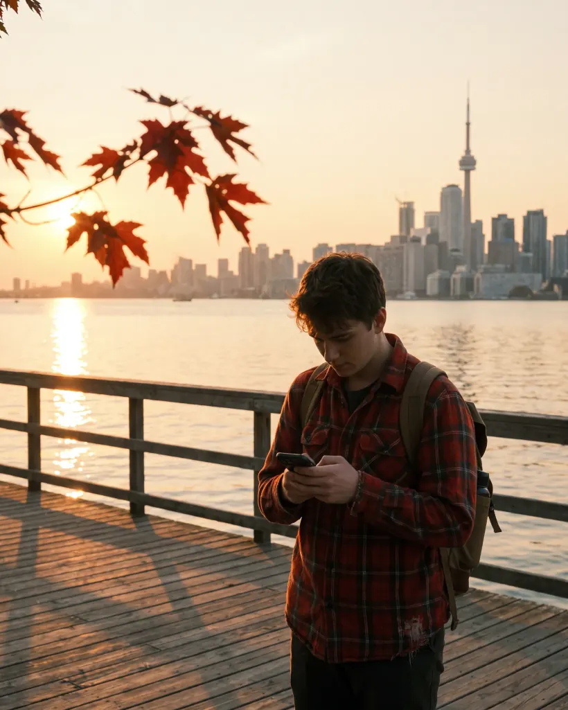 A traveller checking his phone on the Toronto waterfront at sunset, the CN Tower behind