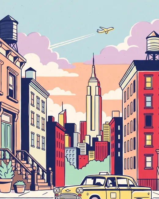 Illustration of a New York street with a yellow taxi and the Empire State Building